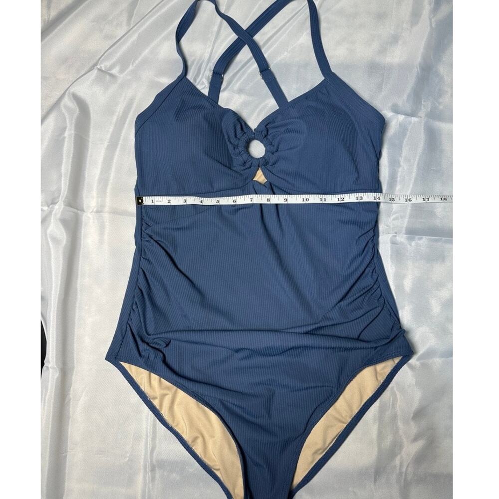 Women’s XL Blue One Piece Swimsuit Ruched Tummy Control Ring Crisscross Back